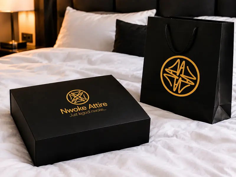 The Nwoke Attire box and carrier bag, black and gold