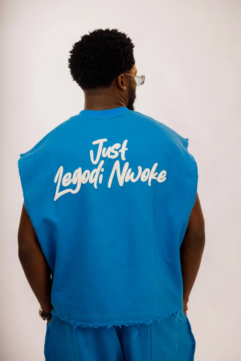 The Legodi set in Cobalt blue, white print, back
