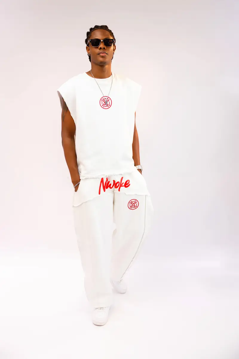 The Legodi set in Bone white, red print, front