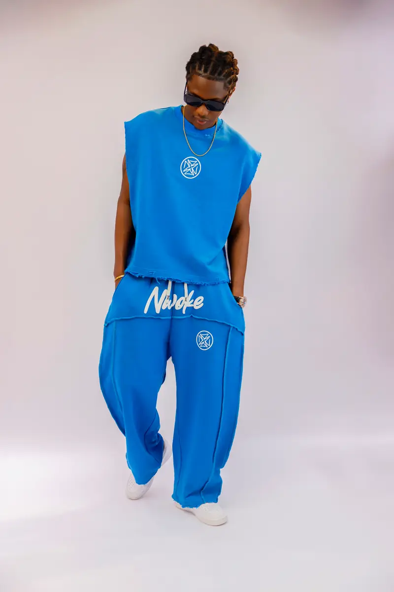 The Legodi set in Cobalt blue, white print, front