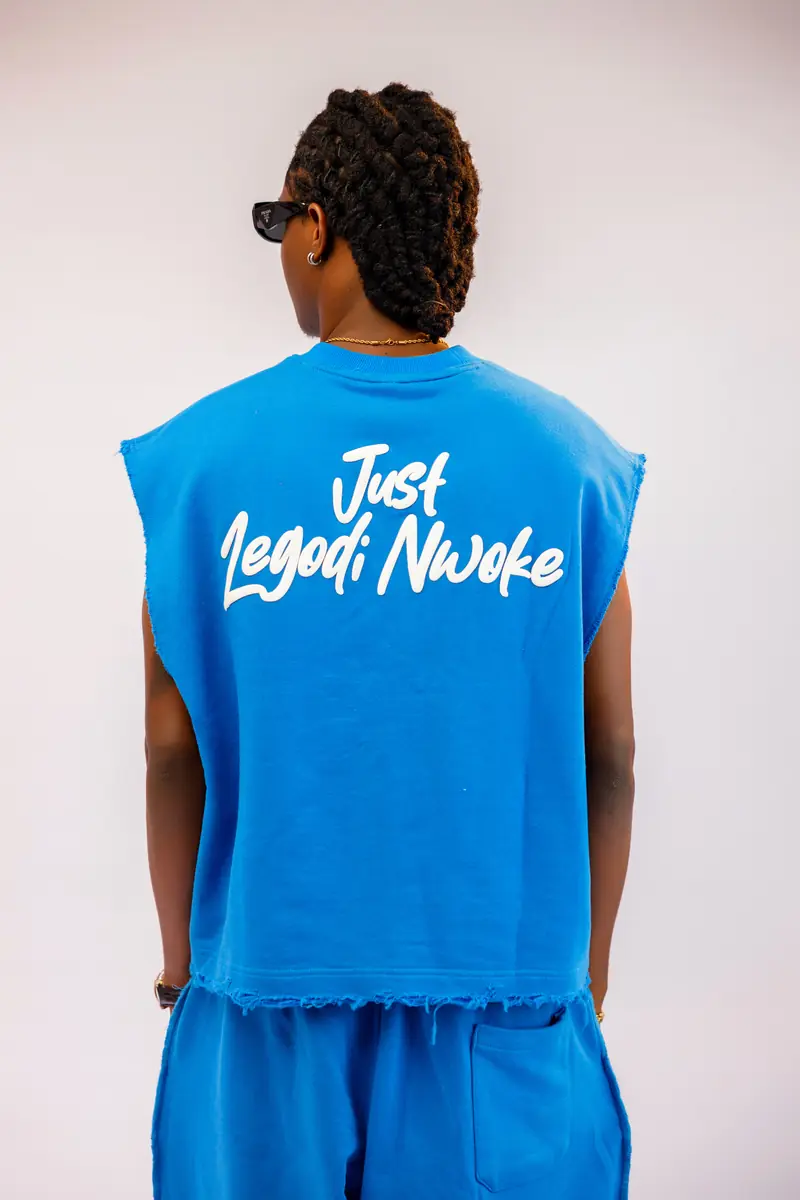 The Legodi set in Cobalt blue, white print, back