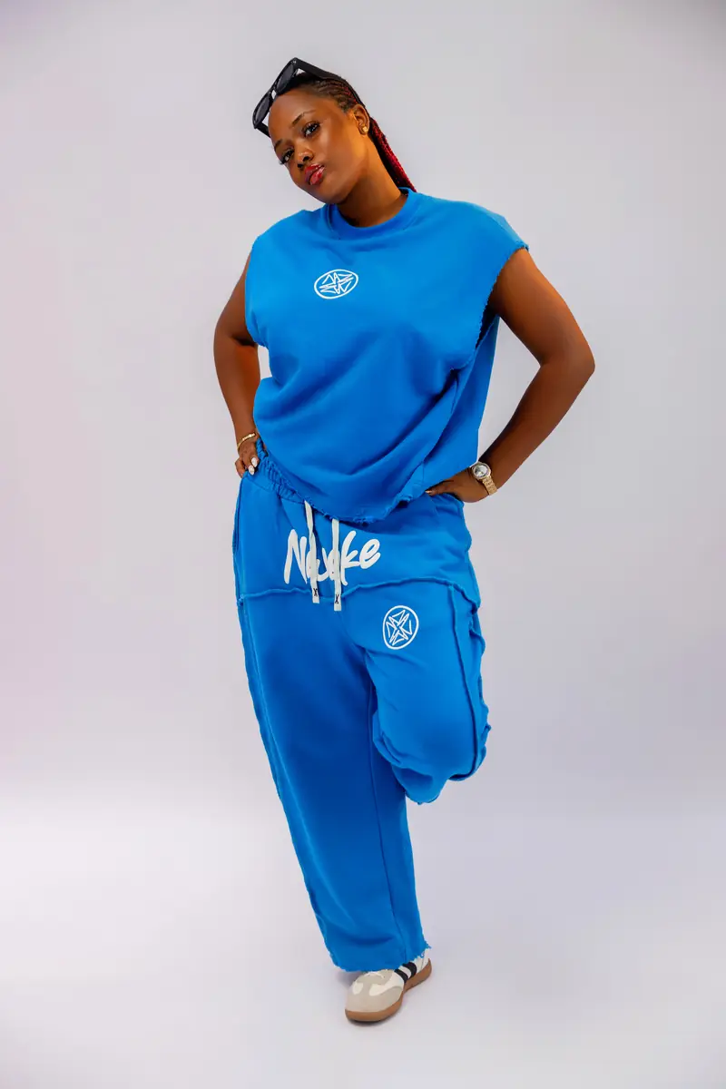 The Legodi set in Cobalt blue, white print, front