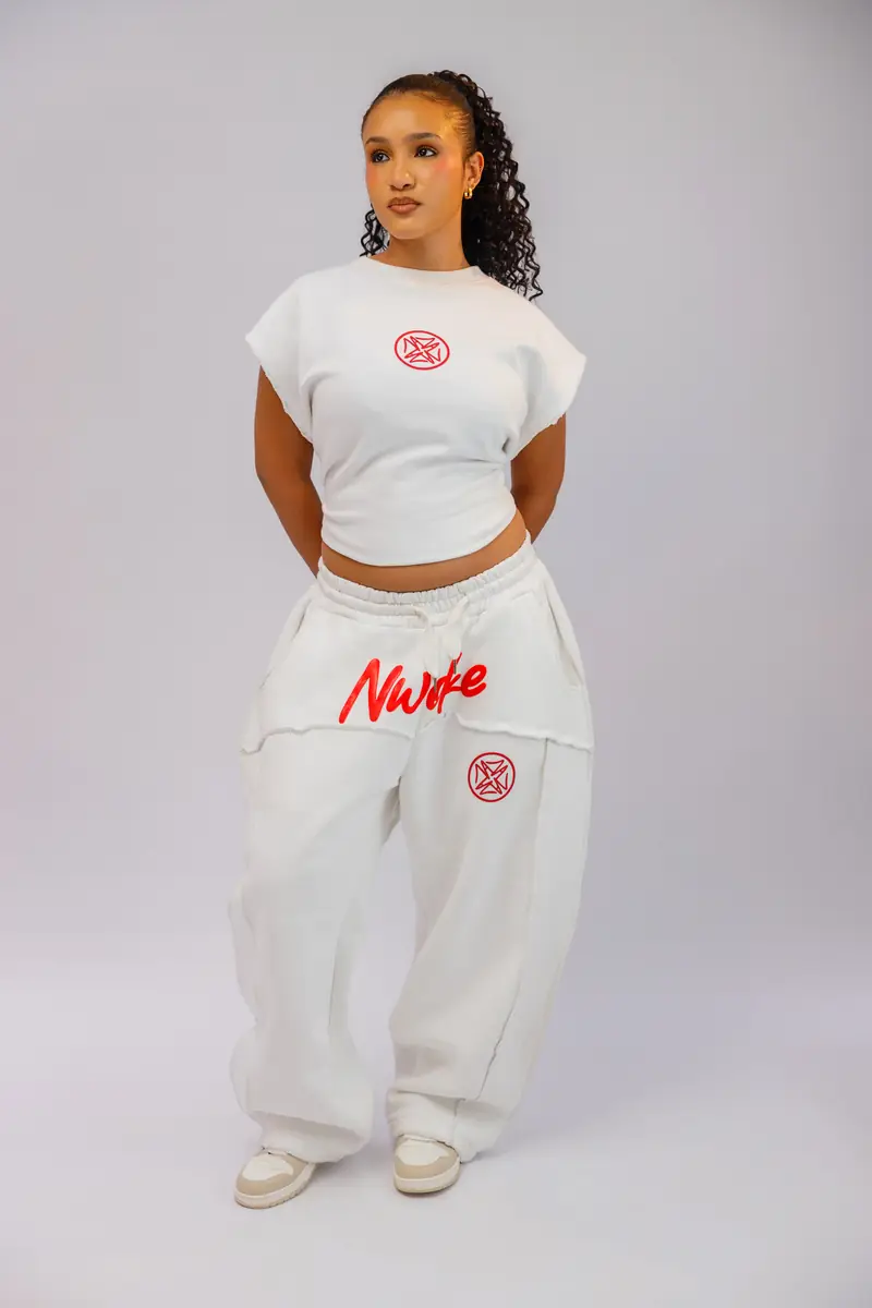 The Legodi set in Bone white, red print, front