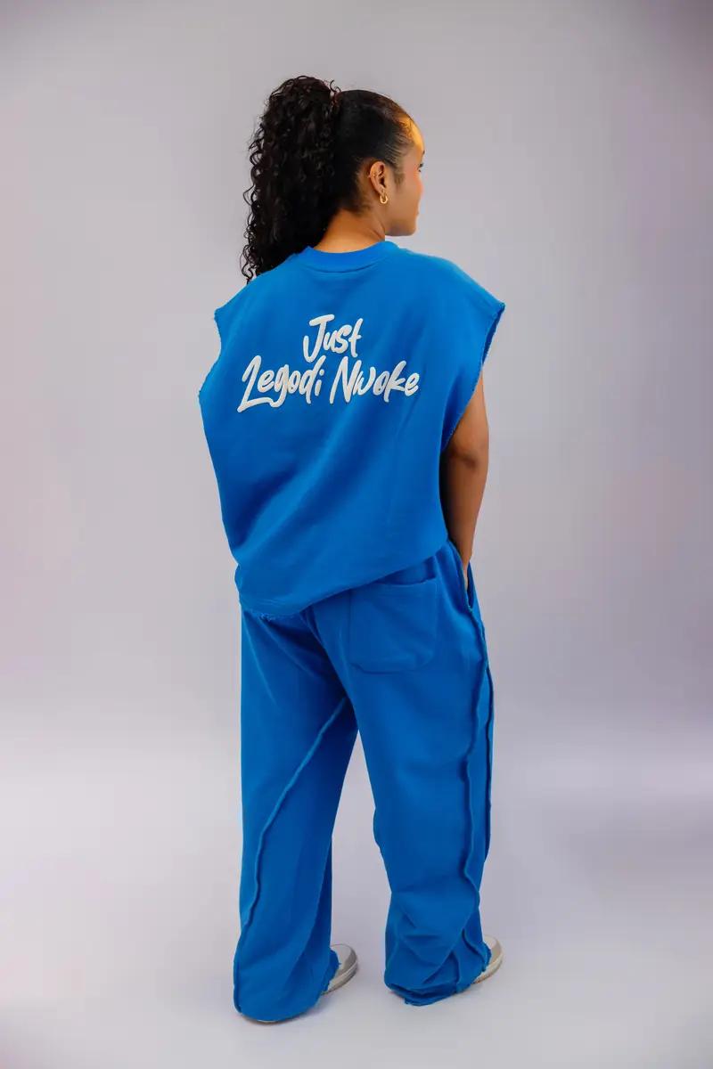 The Legodi set in Cobalt blue, white print, back