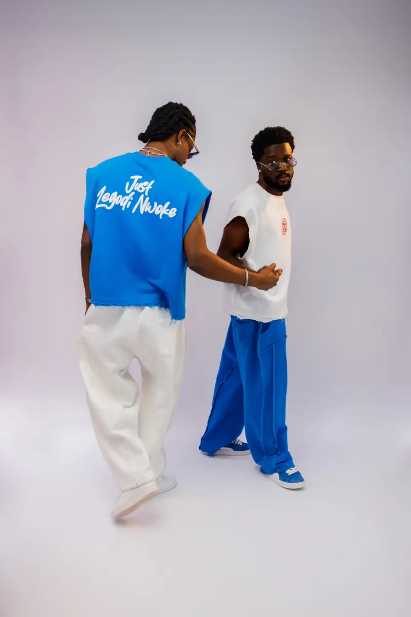 Two men in mixed Legodi colours in the studio