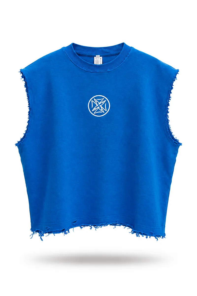 The Legodi top in Cobalt blue, white print, front