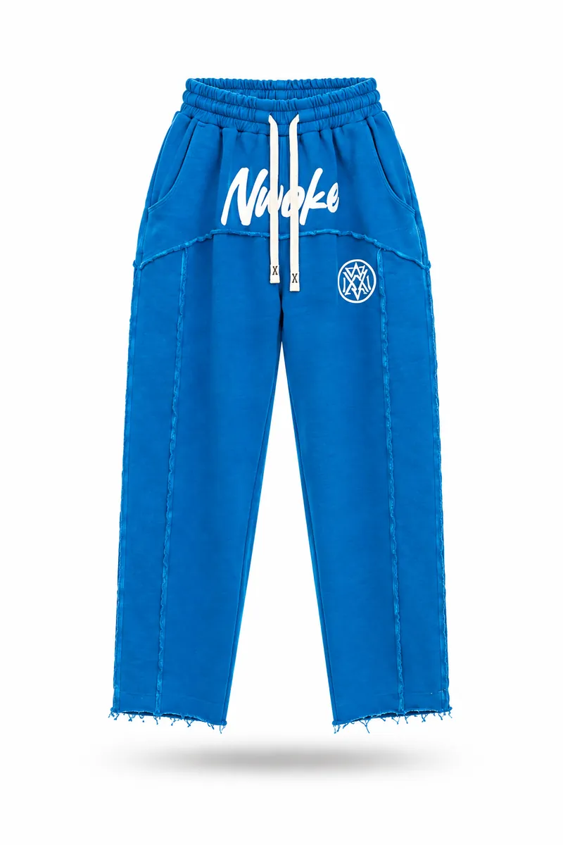 The Legodi trouser in Cobalt blue, white print, front