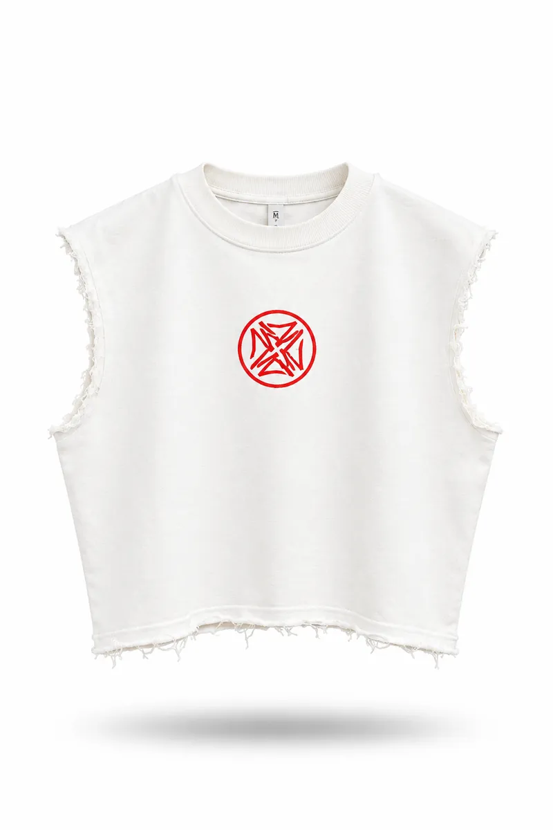 The Legodi top in Bone white, red print, front