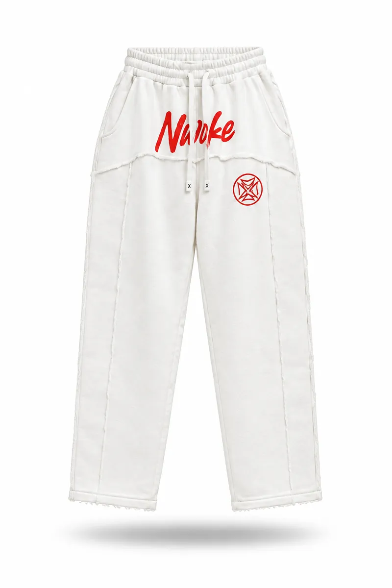 The Legodi trouser in Bone white, red print, front