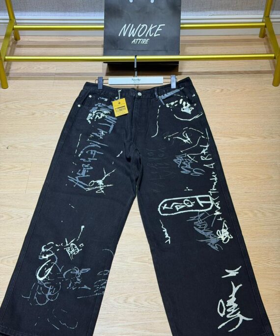 Classic Turkey Black Paint Pattern Baggy Denim